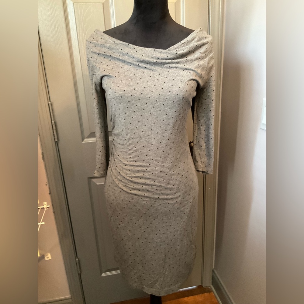 Loft medium gray dress with black polka dots